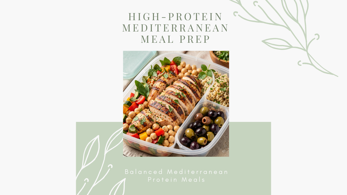 high protein Mediterranean meal prep meals with legumes fish eggs and vegetables
