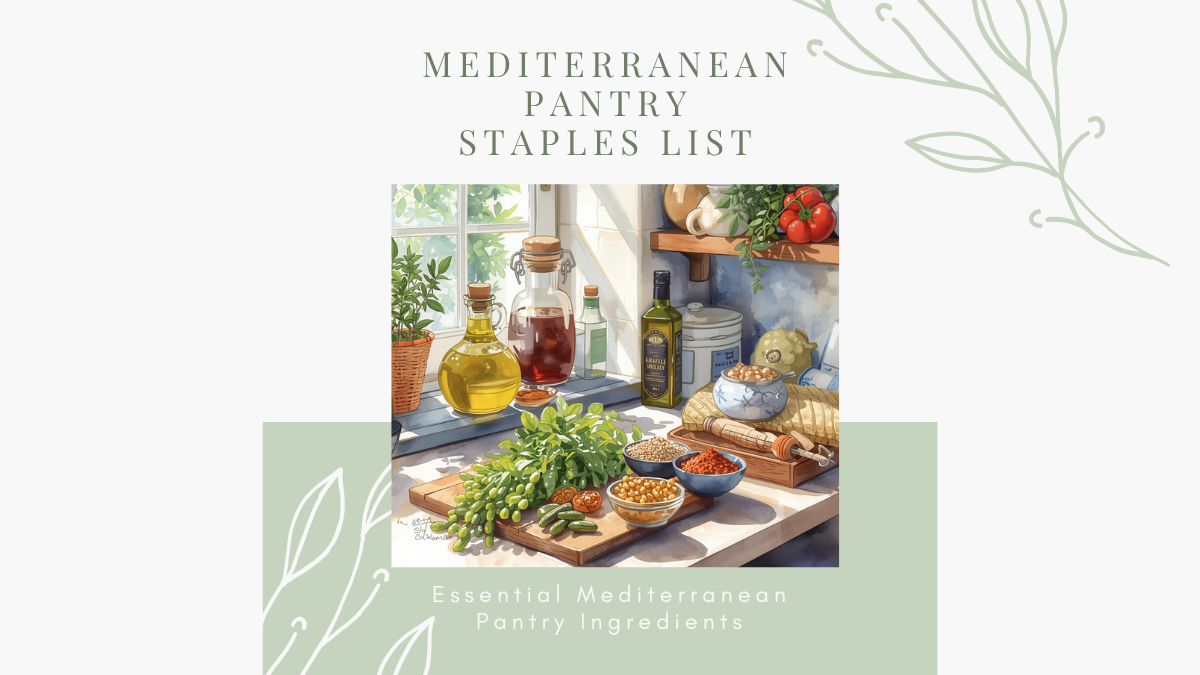 Mediterranean pantry staples list with grains legumes olive oil spices and basic ingredients